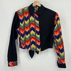 Vintage 90s western made in USA cropped Aztec bold tie back cowgirl shirt Med